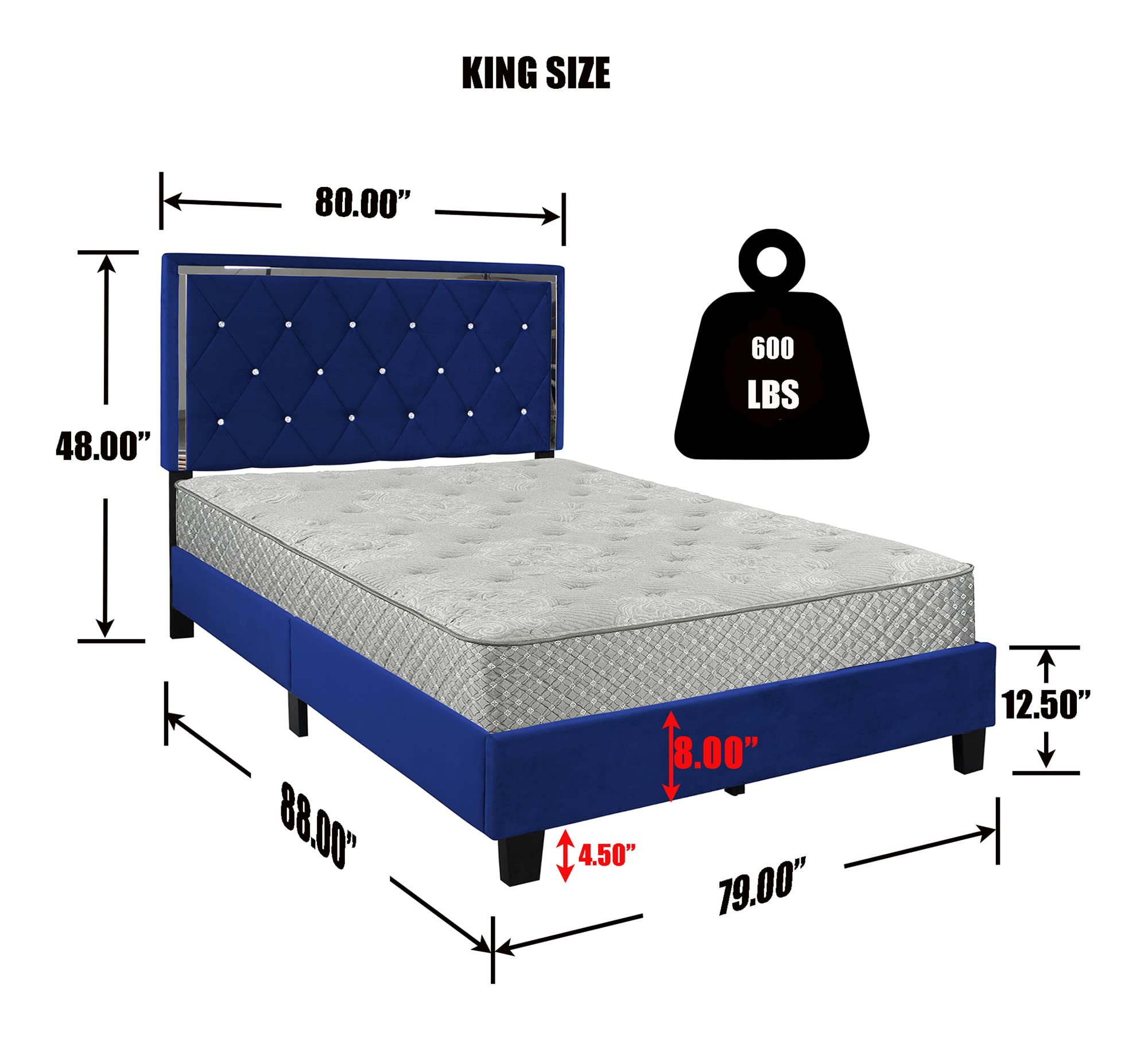 Better Home Products Monica Velvet Upholstered King Platform Bed in Blue